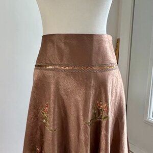 Bronze A-Line Skirt with Floral Embroidery, Lace & Sequins – Small